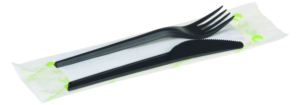 CPLA Besteck-Set schwarz 3-tlg. Messer, Gabel, Serviette (VPE: 50)